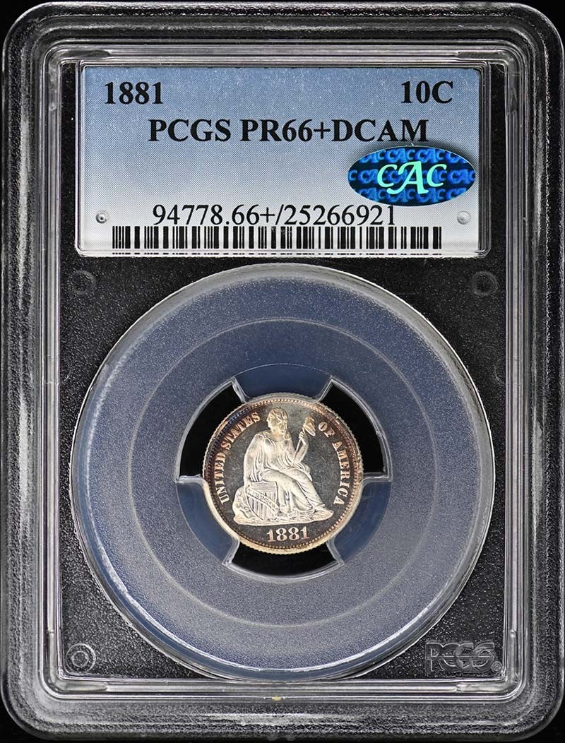 PCGS CAC Proof 66+ Liberty Seated Dime 1881 Deep Cameo: PCGS CAC Proof 66+ Liberty Seated Dime 1881 Deep Cameo This is an 1881 Liberty Seated Dime, graded PR66+ Deep Cameo (DCAM) by PCGS and approved by CAC. The coin is uncirculated and was struck as a pro