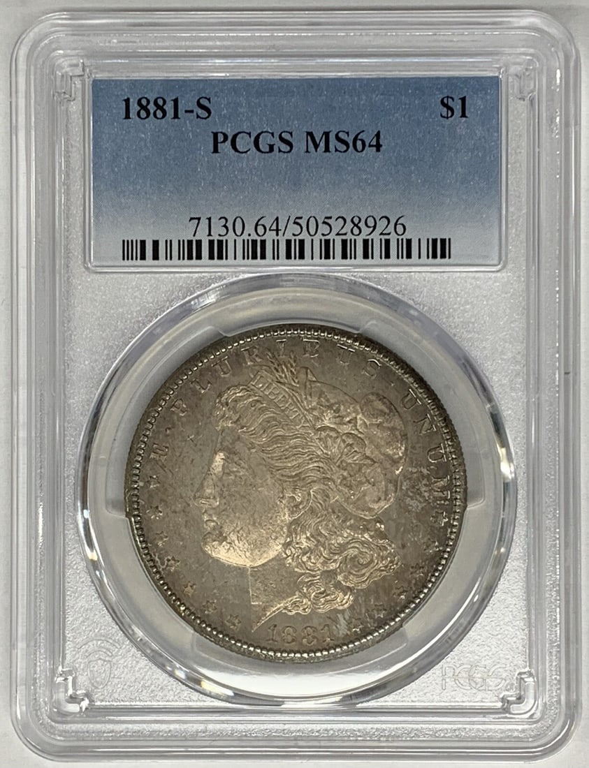 PCGS MS 64 1881-S Morgan Dollar Toned Silver Coin: PCGS MS 64 1881-S Morgan Dollar Toned Silver Coin This is an 1881-S Morgan Silver Dollar from the United States, featuring a toned appearance. The coin is uncirculated and has been graded MS 64 by PCG