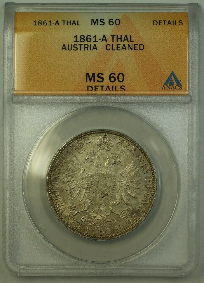 Austria 1861 Thaler Silver Francis Joseph I Coin ANACS MS-60 Details (1 of 2)