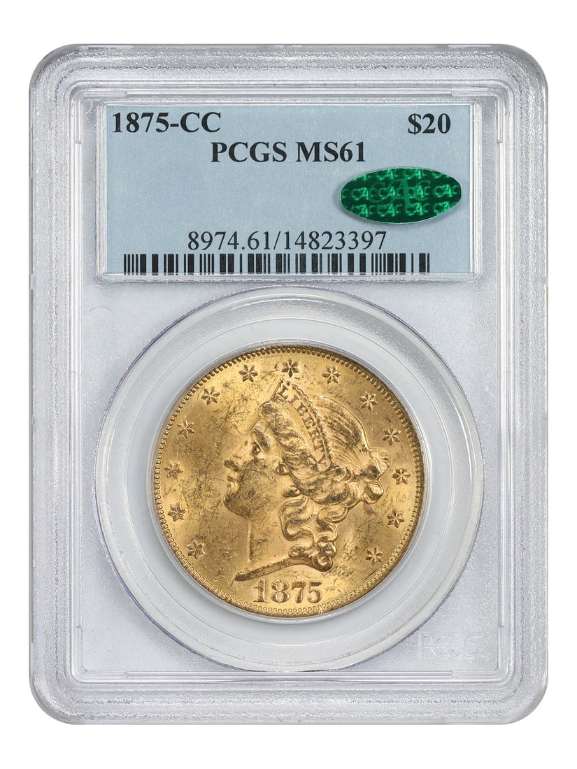 Carson City 1875 Double Eagle Gold Coin PCGS CAC MS61: Carson City 1875 Double Eagle Gold Coin PCGS CAC MS61 This is an 1875-CC Liberty Head $20 Double Eagle gold coin, certified by PCGS with a CAC sticker and graded MS61. Struck at the Carson City Mint, 