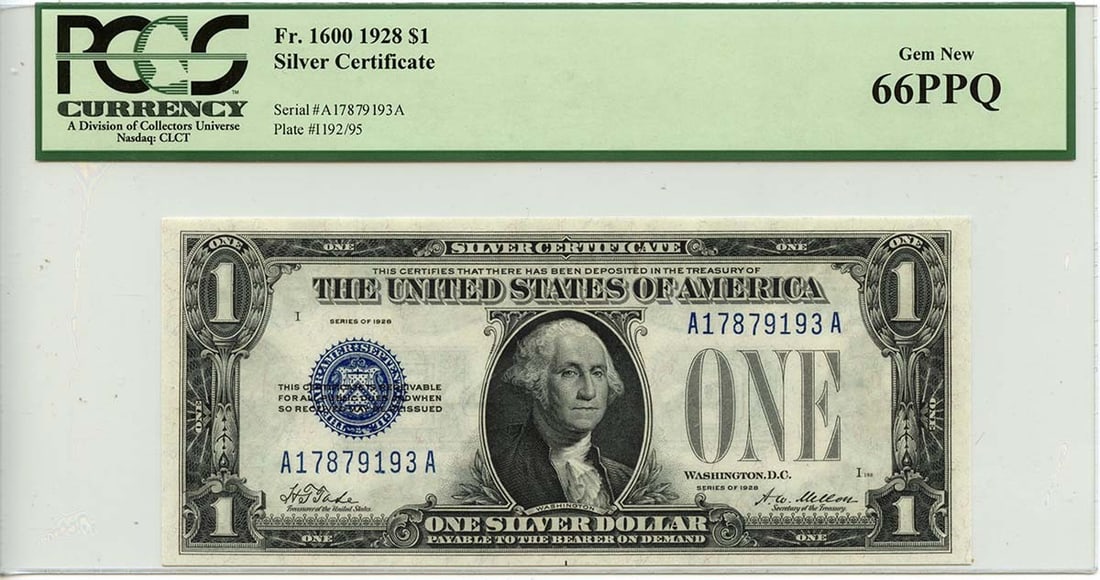 1928 $1 Silver Certificate Fr# 1600 PCGS MS66 Blue Seal: 1928 $1 Silver Certificate Fr# 1600 PCGS MS66 Blue Seal This 1928 $1 Silver Certificate, designated as Fr# 1600, features a striking blue design and is certified by PCGS Currency with a grade of GEM 6