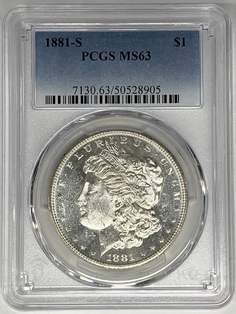 PCGS MS63 1881-S Morgan Silver Dollar Proof-Like Uncirculated $1 Coin: PCGS MS63 1881-S Morgan Silver Dollar Proof-Like Uncirculated $1 Coin This 1881-S Morgan Silver Dollar features a proof-like obverse and has been certified by PCGS with a grade of MS 63. The uncircula