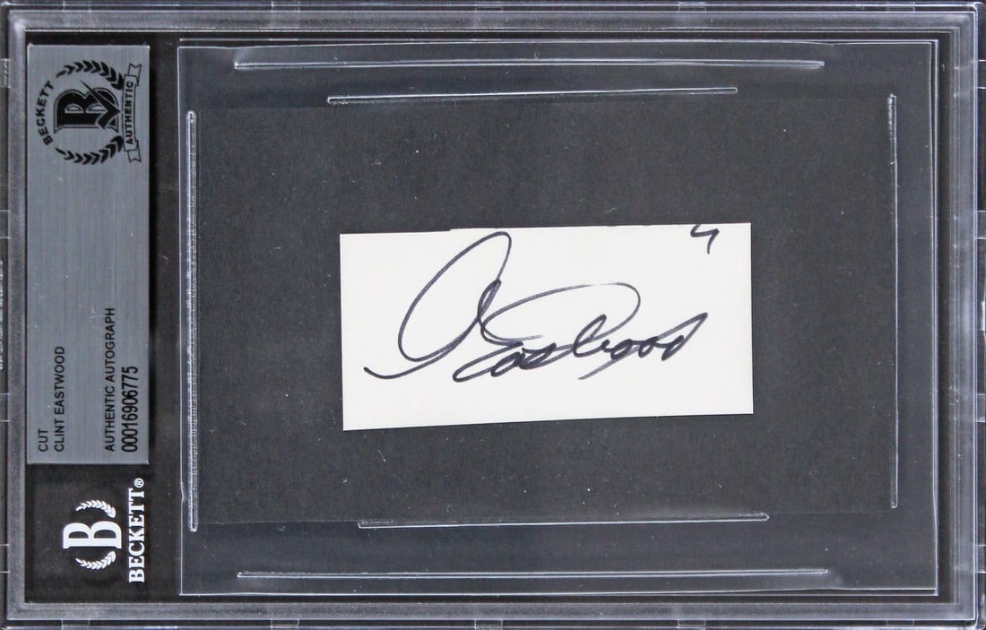 Clint Eastwood Unforgiven Signed 1.5x3 Cut Signature Beckett Slabbed: Clint Eastwood Unforgiven Signed 1.5x3 Cut Signature Beckett Slabbed This authentic 1.5x3 cut signature has been personally signed by the iconic Clint Eastwood, known for his role in the film Unforgiv