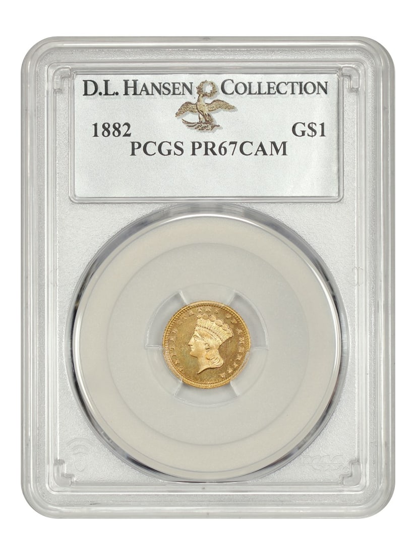 1882 G$1 Gold Dollar PCGS PR67CAM D.L. Hansen Collection: 1882 G$1 Gold Dollar PCGS PR67CAM D.L. Hansen Collection This 1882 G$1 Gold Dollar is certified by PCGS with a PR67CAM grade, making it an exceptional example of its kind. Struck in Philadelphia, this