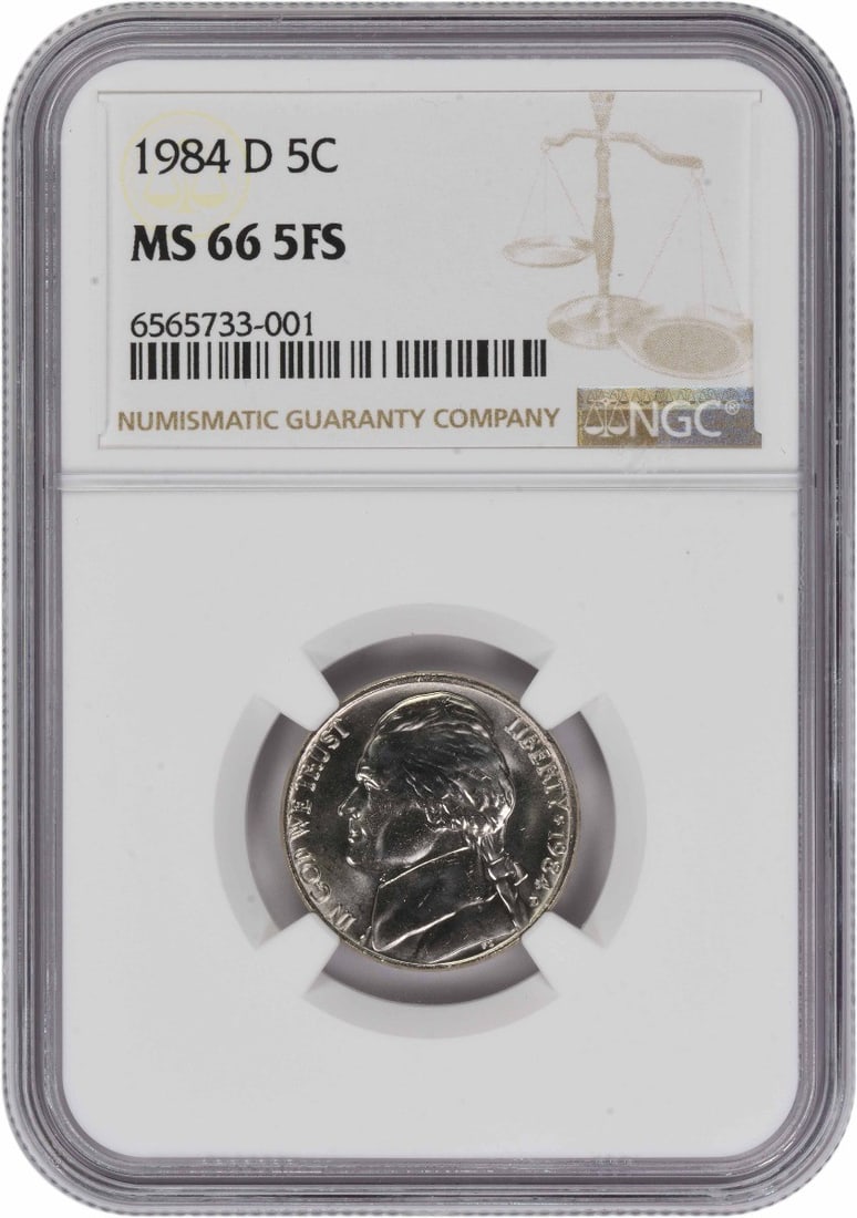 NGC Graded MS66 1984-D Jefferson Five Cent Coin with 5 Full Steps: NGC Graded MS66 1984-D Jefferson Five Cent Coin with 5 Full Steps This 1984-D Jefferson Nickel is certified by NGC and graded MS66 with Full Steps. Struck at the Denver Mint, it features a composition
