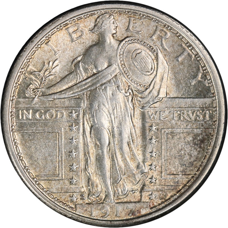 1917-S Standing Liberty Type 1 Quarter Silver Full Head Uncirculated: 1917-S Standing Liberty Type 1 Quarter Silver Full Head Uncirculated This original 1917-S Type 1 Standing Liberty Quarter is an uncirculated coin with full head detail. It features excellent luster, a