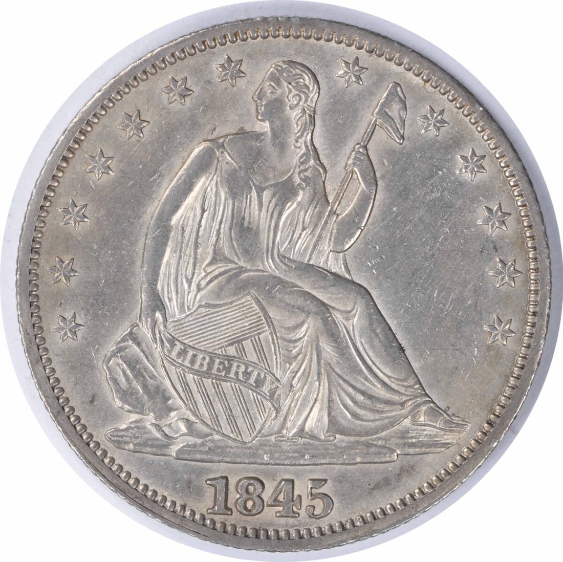 1845 Liberty Seated Half Dollar 90% Silver AU Uncertified: 1845 Liberty Seated Half Dollar 90% Silver AU Uncertified This 1845 Liberty Seated Half Dollar is an exquisite example of American coinage, featuring a design by Thomas Sully and Christian Gobrecht. T