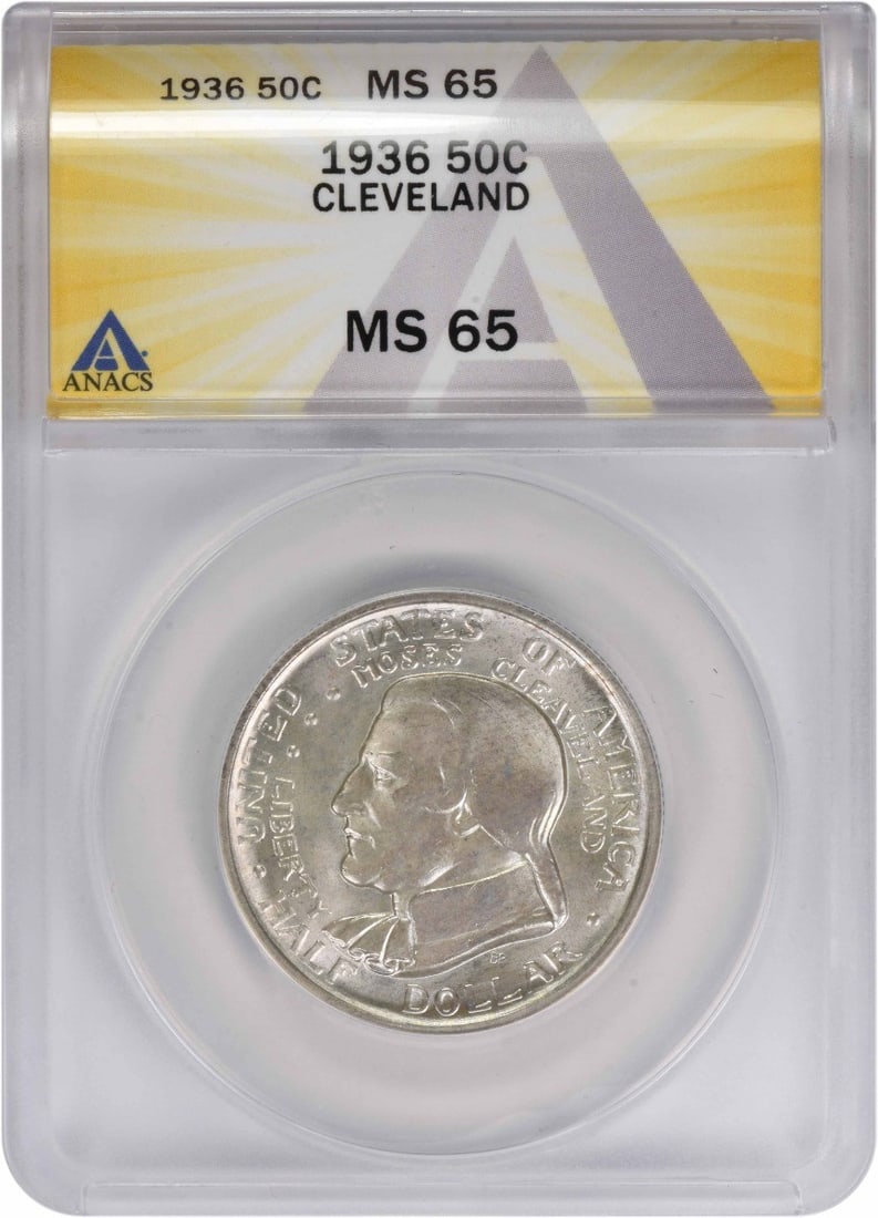 Cleveland 1936 Silver Half Dollar MS65 Graded by ANACS: Cleveland 1936 Silver Half Dollar MS65 Graded by ANACS This 1936 Cleveland Commemorative Half Dollar is a United States coin graded MS65 by ANACS. Struck in Philadelphia, it is composed of 90% silver 
