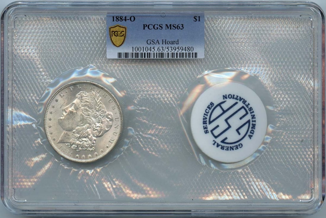PCGS MS63 Morgan Silver Dollar 1884 New Orleans GSA Soft Pack: PCGS MS63 Morgan Silver Dollar 1884 New Orleans GSA Soft Pack This 1884-O Morgan Dollar is presented in a GSA soft pack and has been certified by PCGS with a grade of MS63. Struck at the New Orleans M