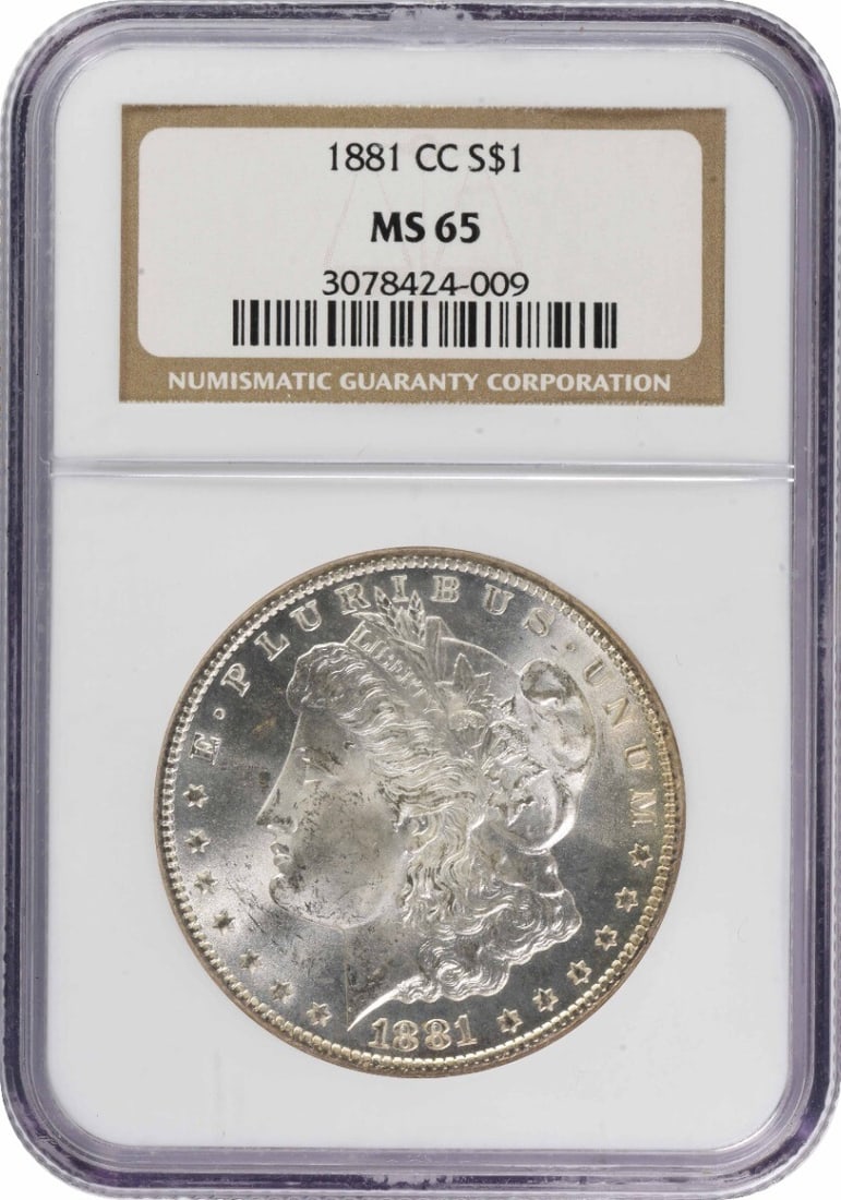 NGC MS65 1881 Carson City Morgan Dollar 90 Percent Silver Coin: NGC MS65 1881 Carson City Morgan Dollar 90 Percent Silver Coin This 1881-CC Morgan Silver Dollar is graded MS65 by NGC. Struck at the Carson City Mint, the coin is composed of 90% silver and 10% coppe