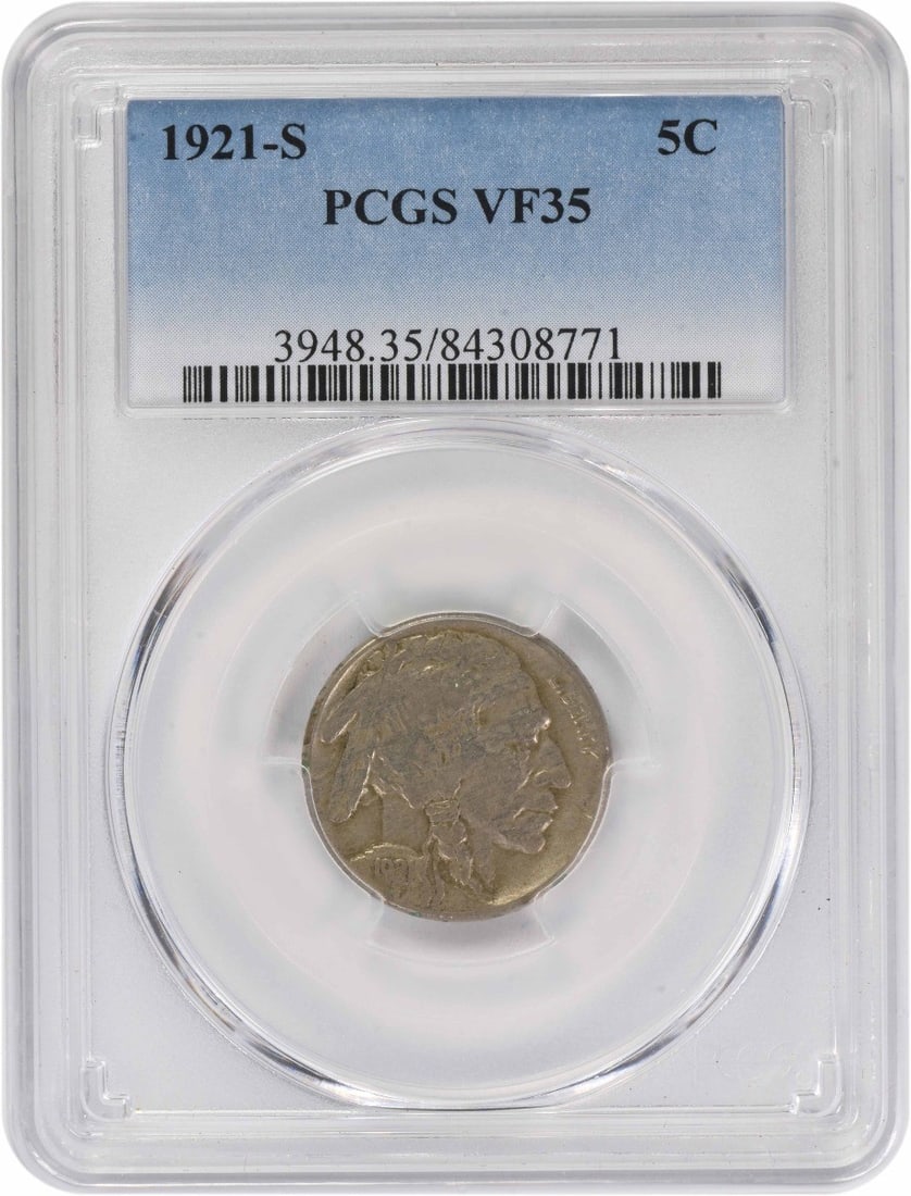 PCGS VF35 1921 San Francisco Buffalo Five Cent Coin: PCGS VF35 1921 San Francisco Buffalo Five Cent Coin This 1921-S Buffalo Nickel is graded VF35 by PCGS and features the iconic design by James Earle Fraser. Struck in San Francisco, this circulated coi