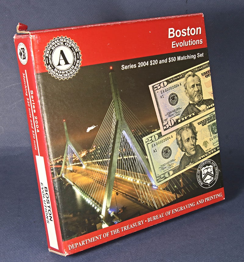 2004 $20 & $50 Uncirculated Matching Evolutions Set Boston #EA00002202A: 2004 $20 & $50 Uncirculated Matching Evolutions Set Boston #EA00002202A This Series 2004 $20 and $50 Matching Evolutions Set from Boston features a unique binary serial number EA00002202A. Both notes 
