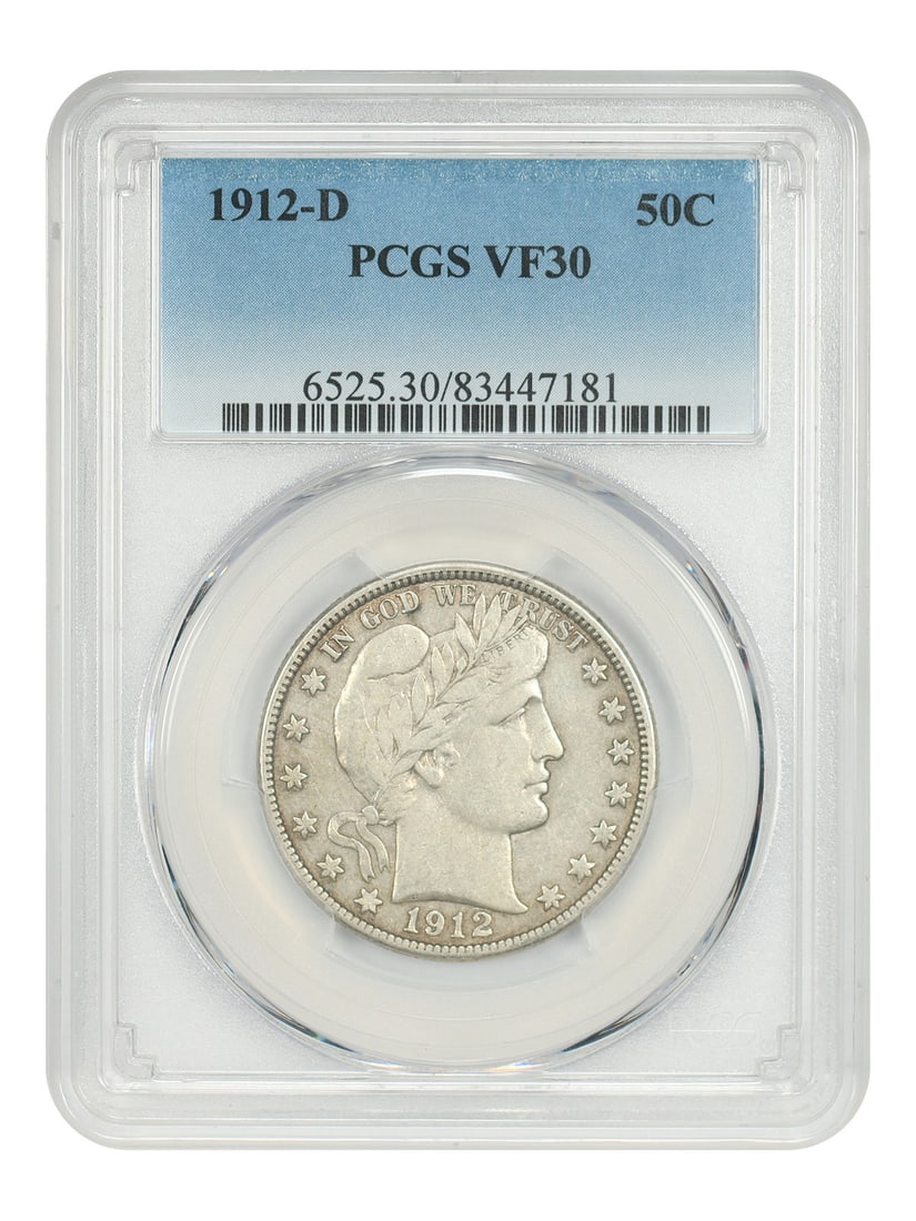 Barber Half Dollar 1912 Denver 50C PCGS Graded VF30: Barber Half Dollar 1912 Denver 50C PCGS Graded VF30 This is a 1912-D Barber Half Dollar graded VF30 by PCGS. The coin was minted in Denver and is a circulated example from the Barber Half Dollar serie