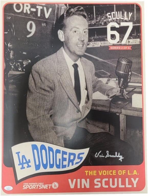 Vin Scully Signed 20x24 Poster JSA Authenticated Dodgers 1965: Vin Scully Signed 20x24 Poster JSA Authenticated Dodgers 1965 This original lithograph poster features the legendary Vin Scully, renowned broadcaster for the Los Angeles Dodgers. Measuring 20x24 inche