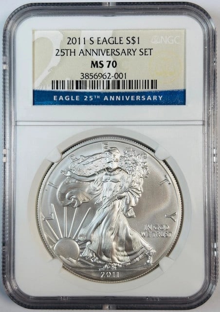 25th Anniversary 2011 San Francisco Silver Eagle MS70 Dollar Coin NGC Certified: 25th Anniversary 2011 San Francisco Silver Eagle MS70 Dollar Coin NGC Certified This 2011 Silver Eagle coin is part of the 25th Anniversary Set and has been certified by NGC with a perfect MS 70 grade