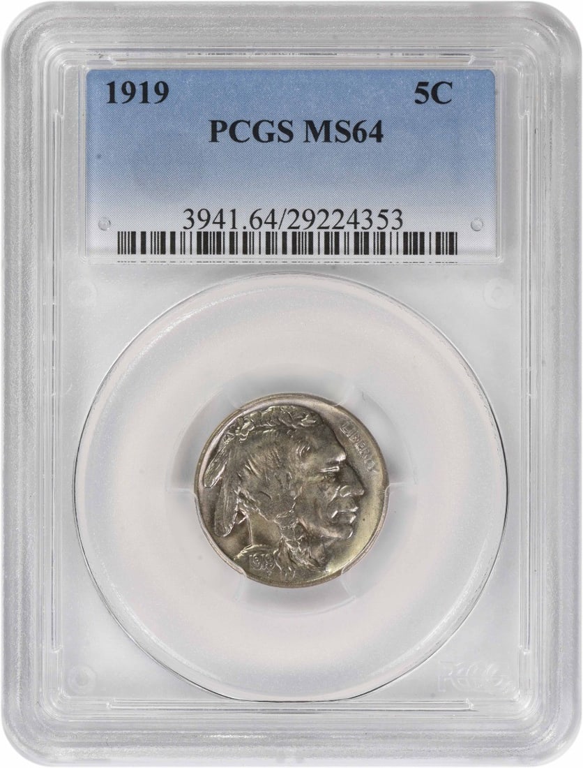 1919 Philadelphia Buffalo Nickel PCGS MS64 Certified Uncirculated Coin: 1919 Philadelphia Buffalo Nickel PCGS MS64 Certified Uncirculated Coin This is a 1919 Buffalo Nickel graded MS64 by PCGS. Minted in Philadelphia, this uncirculated coin was designed by James Earle Fra