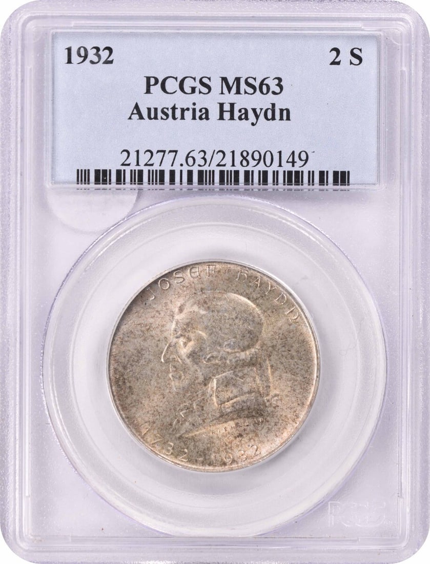1932 Austria 2 Schilling Silver Coin MS63 PCGS Certified: 1932 Austria 2 Schilling Silver Coin MS63 PCGS Certified This 1932 Austria 2 Schilling coin features the renowned composer Joseph Haydn. It is certified by PCGS with a grade of MS63, indicating that i