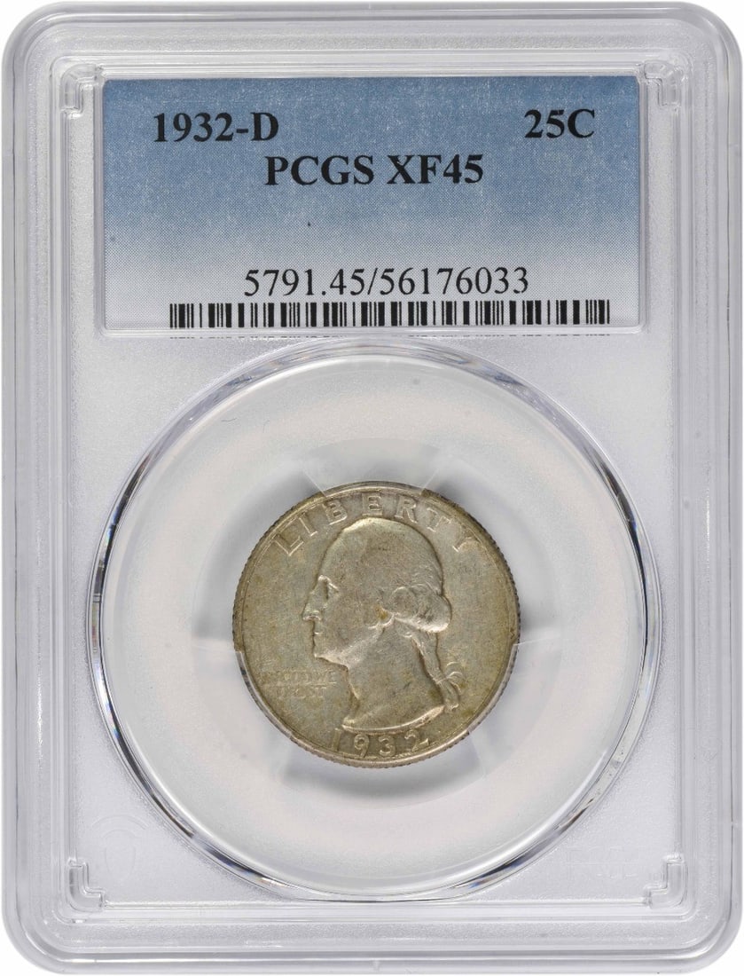 PCGS EF45 1932 D Silver 25C Washington Quarter United States Coin: PCGS EF45 1932 D Silver 25C Washington Quarter United States Coin This 1932-D Washington Quarter is composed of silver and has been graded EF45 by PCGS. The coin was minted in Denver and is a circulat