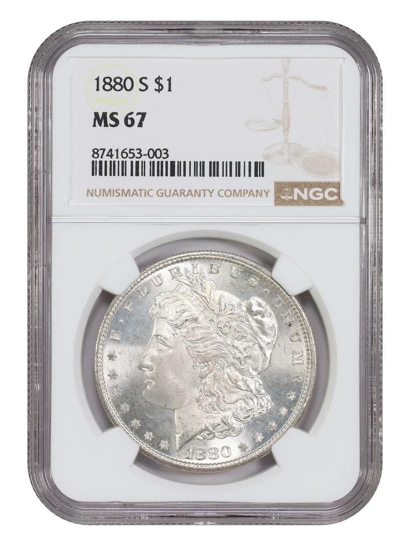 NGC MS67 1880-S Morgan Silver Dollar San Francisco Mint: NGC MS67 1880-S Morgan Silver Dollar San Francisco Mint This 1880-S Morgan Dollar is graded MS67 by NGC and comes from the San Francisco Mint. It is an uncirculated coin, recognized for its consistent