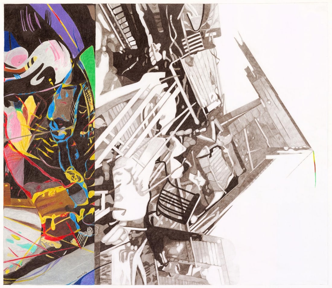 Framed Abstract Pencil on Paper Artwork by Yoram Katz 31 x 37 Inches: Framed Abstract Pencil on Paper Artwork by Yoram Katz 31 x 37 Inches "Industrial Dragon" is a framed abstract painting by Yoram Katz, created in 2010. The piece is executed in pencil on paper and refl
