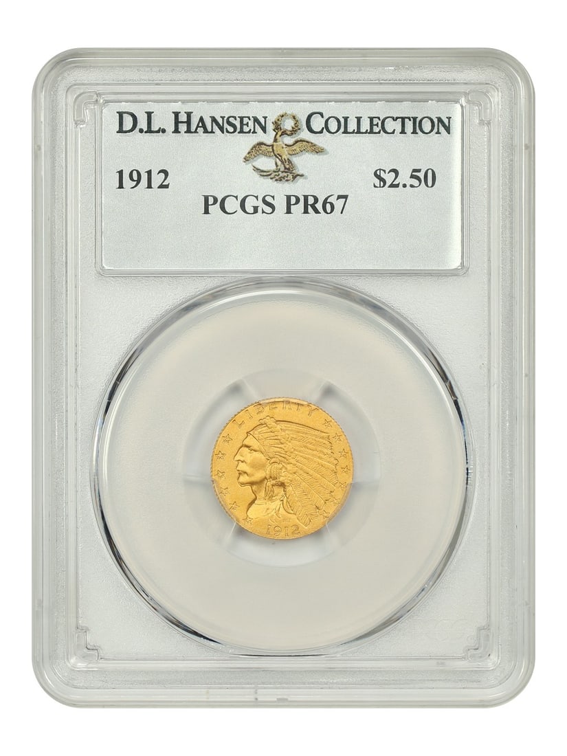 1912 Indian $2.50 Gold Coin PCGS PR67 Ex D.L. Hansen: 1912 Indian $2.50 Gold Coin PCGS PR67 Ex D.L. Hansen This remarkable 1912 Indian $2.50 gold coin is certified by PCGS with a PR67 grade, representing an uncirculated condition. With a limited mintage 