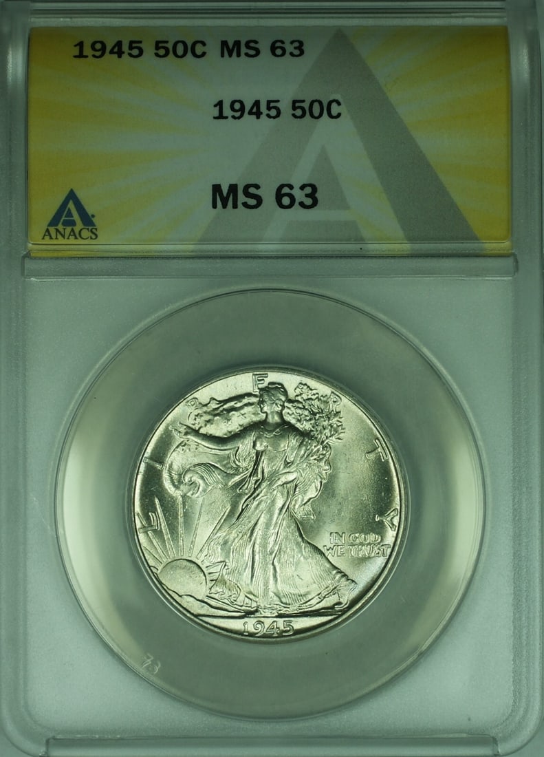 1945 Liberty Walking Half Dollar Silver Coin ANACS MS 63 Certified: 1945 Liberty Walking Half Dollar Silver Coin ANACS MS 63 Certified This 1945 Walking Liberty Half Dollar is an un-used silver coin graded MS-63 by ANACS. Minted in Philadelphia, it features the iconic