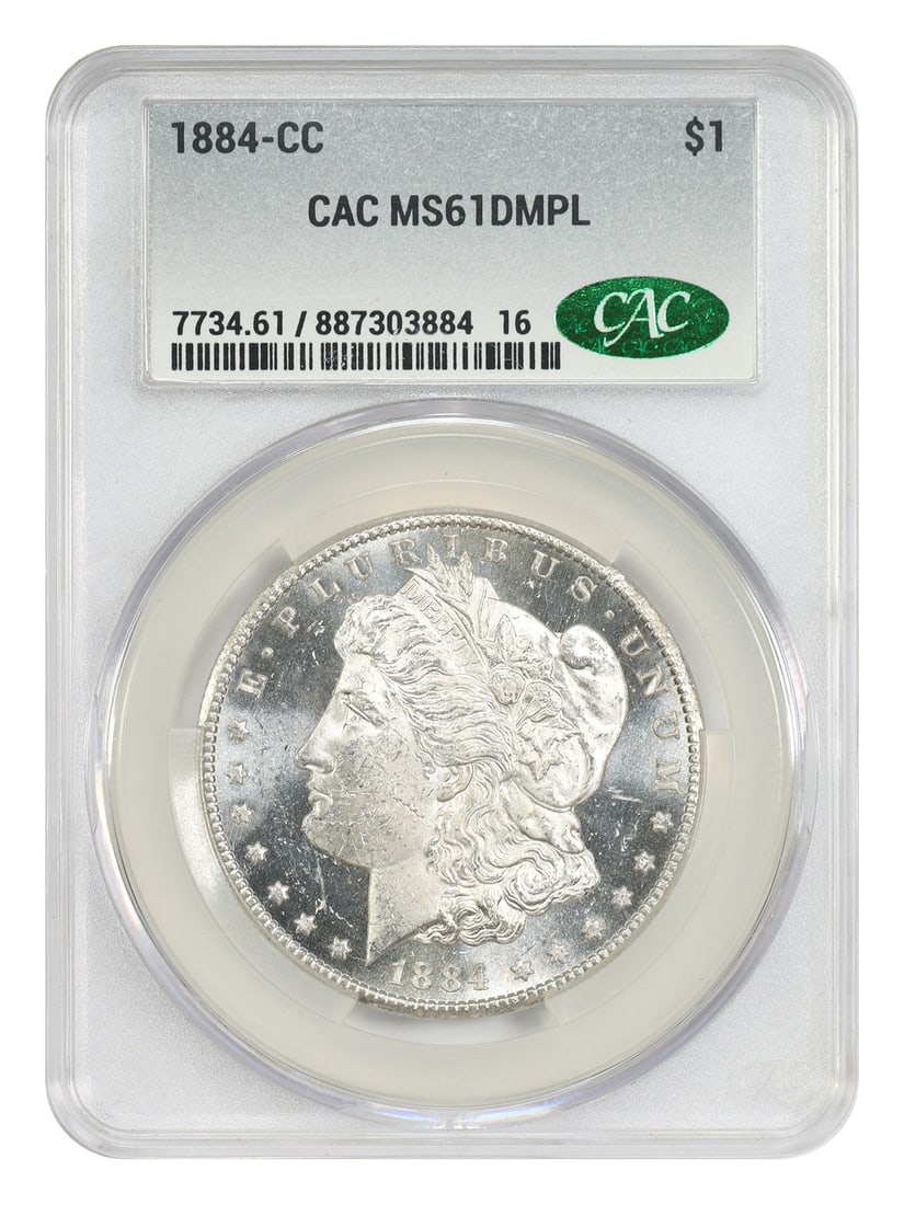 1884 Carson City Morgan Dollar CACG MS61DMPL Deep Mirror Prooflike $1 Coin: 1884 Carson City Morgan Dollar CACG MS61DMPL Deep Mirror Prooflike $1 Coin This 1884-CC Morgan Dollar is certified by CACG with a grade of MS61DMPL. Struck at the Carson City Mint, this uncirculated c