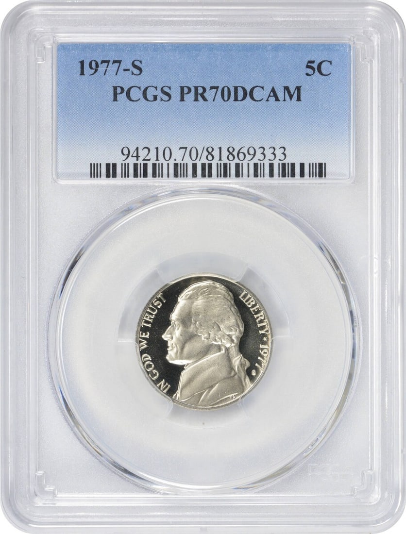 1977-S Jefferson Nickel PR70DCAM PCGS Uncirculated Proof Coin: 1977-S Jefferson Nickel PR70DCAM PCGS Uncirculated Proof Coin This 1977-S Jefferson Nickel is a stunning example of numismatic excellence, graded PR70DCAM by PCGS, ensuring its top-tier quality and br