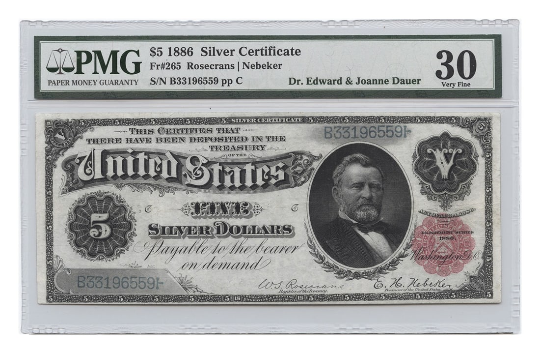 1886 $5 Silver Certificate Fr. 265 PMG VF30 Rare Large Size: 1886 $5 Silver Certificate Fr. 265 PMG VF30 Rare Large Size This 1886 $5 Silver Certificate, known as Fr. 265, showcases the rare "Silver Dollar Back" or "Morgan Back" design. It has been certified by