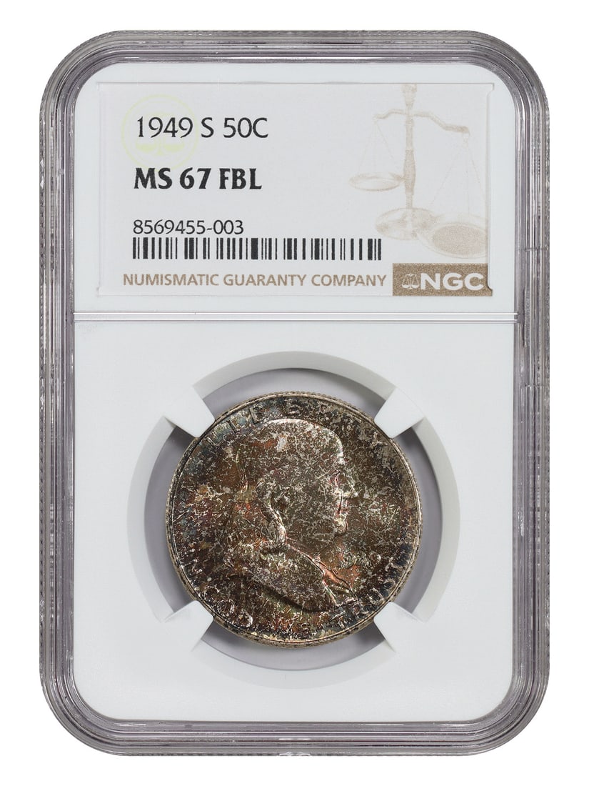 1949-S Franklin Half Dollar NGC MS67FBL Key Date San Francisco Mint: 1949-S Franklin Half Dollar NGC MS67FBL Key Date San Francisco Mint This 1949-S Franklin Half Dollar is graded MS67FBL by NGC, indicating a superb gem uncirculated example with Full Bell Lines. The co