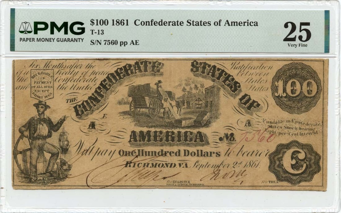 Confederate States 1861 One Hundred Dollar Note PMG VF25: Confederate States 1861 One Hundred Dollar Note PMG VF25 This is a 1861 $100 Confederate States of America T-13 note, graded VF25 by PMG. The note is circulated and represents a piece of Civil War-era