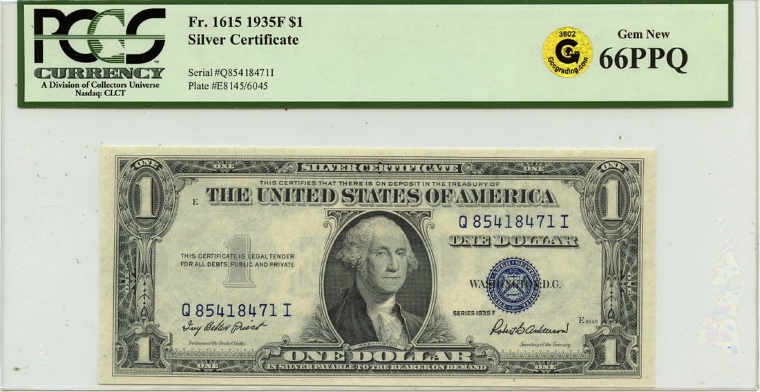 1935F $1 Silver Certificate FR#1615 PCGS 66 Gem Uncirculated: 1935F $1 Silver Certificate FR#1615 PCGS 66 Gem Uncirculated This 1935F $1 Silver Certificate (FR#1615) is a highly sought-after collectible, graded MS66 by PCGS Currency. It is in uncirculated condit
