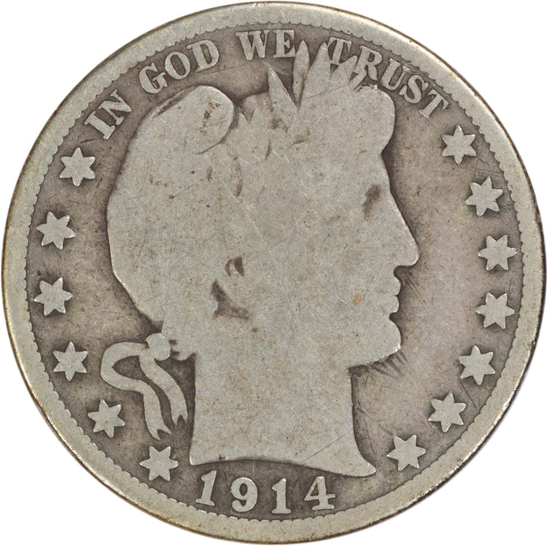 1914 Barber Half Dollar Silver Coin Good Grade Uncertified: 1914 Barber Half Dollar Silver Coin Good Grade Uncertified This 1914 Barber Silver Half Dollar from the United States was minted in Philadelphia and features the classic design by Charles E. Barber. M