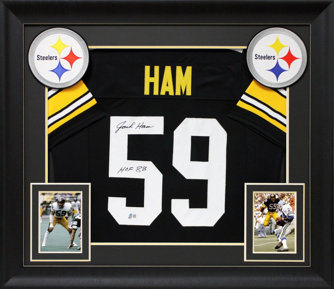 Jack Ham Signed Black Framed Jersey HOF 88 BAS Authentic Pittsburgh Steelers: Jack Ham Signed Black Framed Jersey HOF 88 BAS Authentic Pittsburgh Steelers Celebrate the legacy of Jack Ham with this authentic autographed black pro style framed jersey, featuring the inscription "