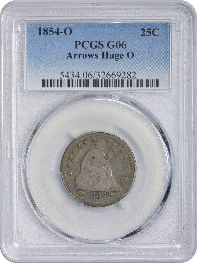 1854-O Liberty Seated Quarter G Certified PCGS 90% Silver 25C: 1854-O Liberty Seated Quarter G Certified PCGS 90% Silver 25C This 1854-O Liberty Seated Quarter showcases a beautiful design by Robert Ball Hughes and Christian Gobrecht. Struck at the New Orleans Mi