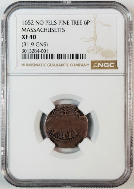 1652 Pine Tree Sixpence Massachusetts NGC XF-40 No Pels USA Coin: 1652 Pine Tree Sixpence Massachusetts NGC XF-40 No Pels USA Coin This is a 1652 Colonial Pine Tree Sixpence from Massachusetts, graded XF-40 by NGC. The coin is circulated and pre-owned, with certific