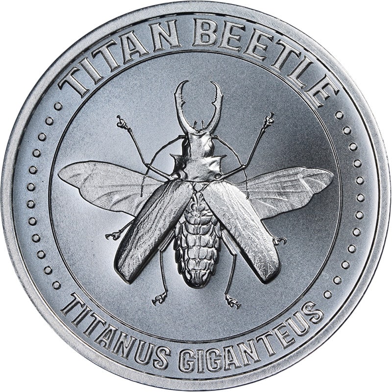 Titan Beetle Silver 1 oz Round by Intaglio Mint with OGP and COA: Titan Beetle Silver 1 oz Round by Intaglio Mint with OGP and COA This Intaglio Mint 1 Ounce Silver Titan Beetle coin is crafted from .999 fine silver and remains in uncirculated, mint state condition.