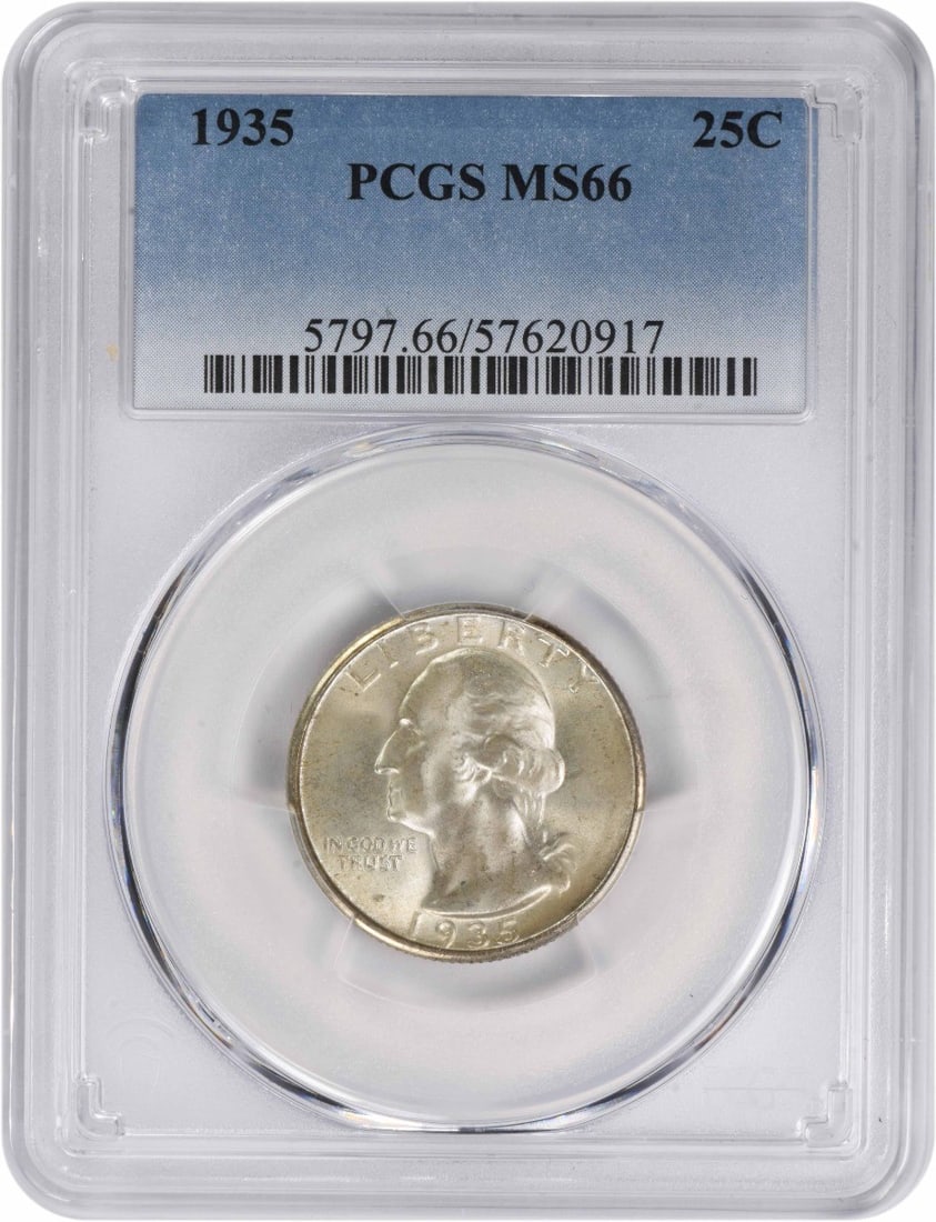 1935 Washington Silver Quarter MS66 PCGS Uncirculated 90% Silver: 1935 Washington Silver Quarter MS66 PCGS Uncirculated 90% Silver This 1935 Washington Silver Quarter is a remarkable piece for any coin collector, certified by PCGS with a high grade of MS66. It featu
