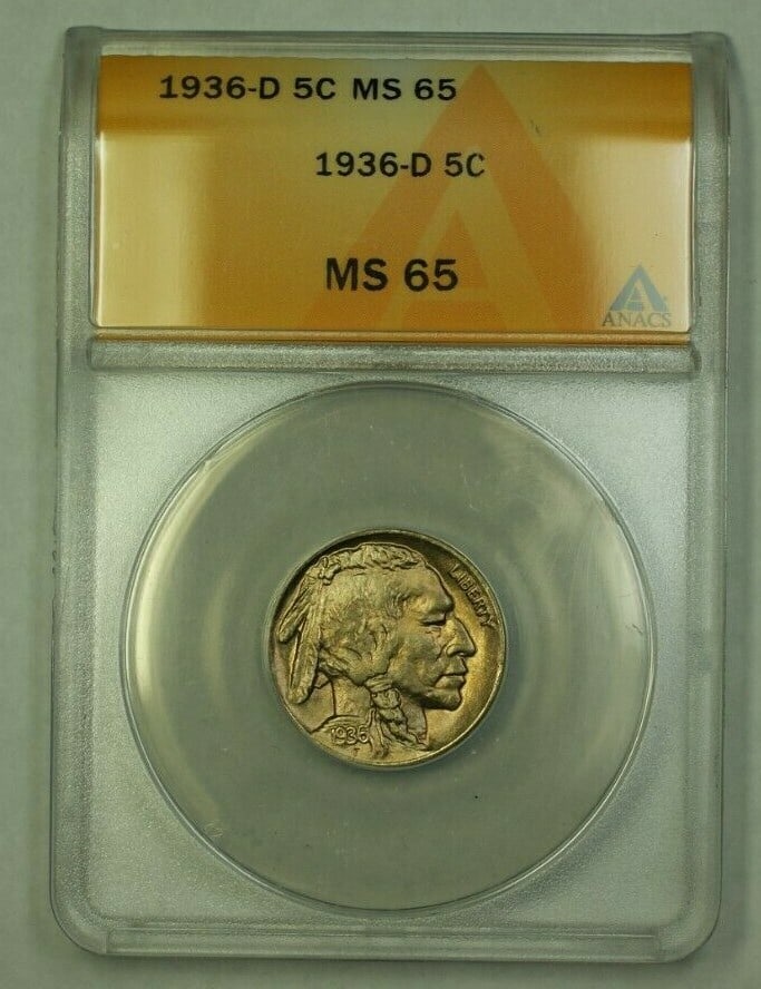 ANACS MS 65 1936-D Denver Buffalo Nickel Uncirculated Five Cent Coin: ANACS MS 65 1936-D Denver Buffalo Nickel Uncirculated Five Cent Coin This 1936-D Buffalo Nickel is a remarkable example of American numismatic history. Graded MS 65 by ANACS, this uncirculated coin sh