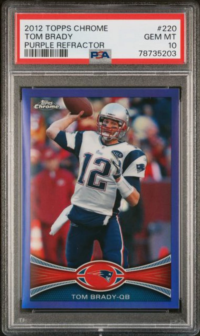 PSA 10 2012 Topps Chrome Tom Brady Purple Refractor Card Number 220: PSA 10 2012 Topps Chrome Tom Brady Purple Refractor Card Number 220 This is an original 2012 Topps Chrome Tom Brady #220 Purple Refractor card, serial numbered out of 499. The card has been profession
