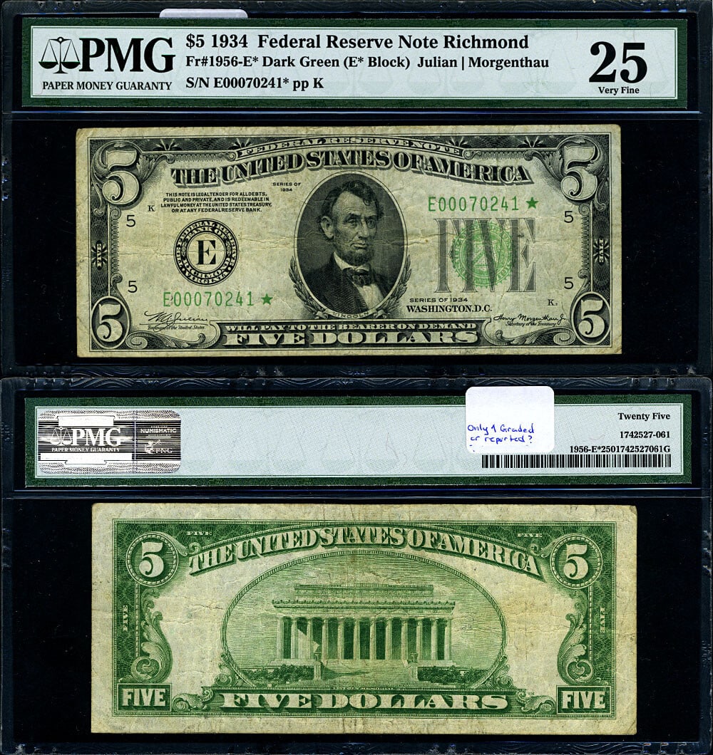 1934 $5 Federal Reserve Note E* Block Richmond VF25 Circulated: 1934 $5 Federal Reserve Note E* Block Richmond VF25 Circulated This 1934 Federal Reserve Note, designated FR. 1956 E* and originating from the Richmond district, features a unique non-mule E-* Dark Gr