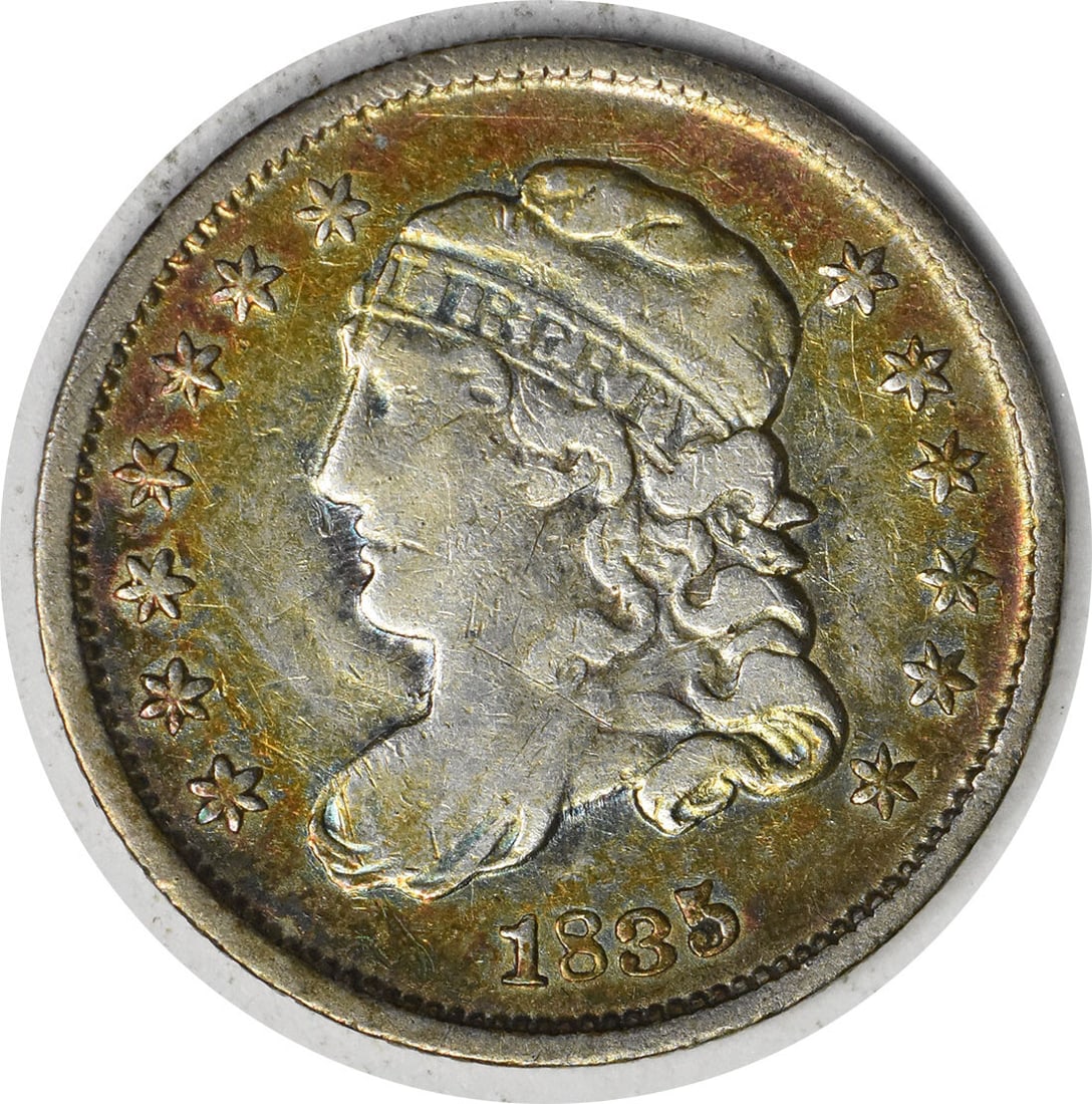 1835 Capped Bust Silver Half Dime VF Uncertified 15.90mm: 1835 Capped Bust Silver Half Dime VF Uncertified 15.90mm This 1835 Capped Bust Silver Half Dime is a remarkable piece from the Philadelphia mint, showcasing a classic design by William Kneass. The coi