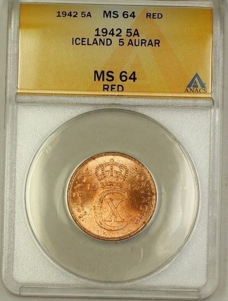 ANACS MS-64 Red 1942 Iceland 5 Aurar Uncirculated Copper Coin: ANACS MS-64 Red 1942 Iceland 5 Aurar Uncirculated Copper Coin This is a 1942 Iceland 5 Aurar coin, certified by ANACS with a grade of MS-64 Red. Struck in copper, the coin is uncirculated and features