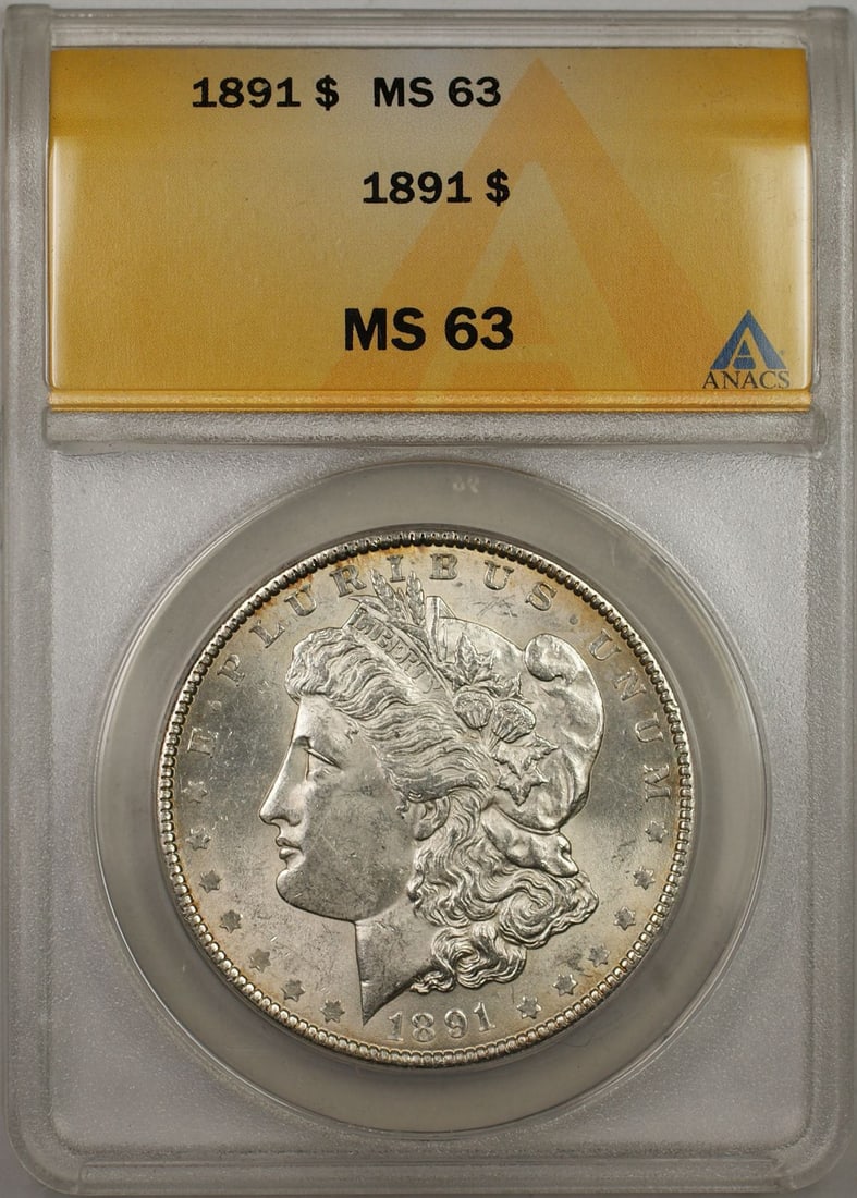 ANACS MS-63 1891 Silver Dollar Coin Philadelphia Mint: ANACS MS-63 1891 Silver Dollar Coin Philadelphia Mint This 1891 Morgan Silver Dollar coin features a composition of silver and was struck at the Philadelphia Mint. Certified by ANACS and graded MS 63,