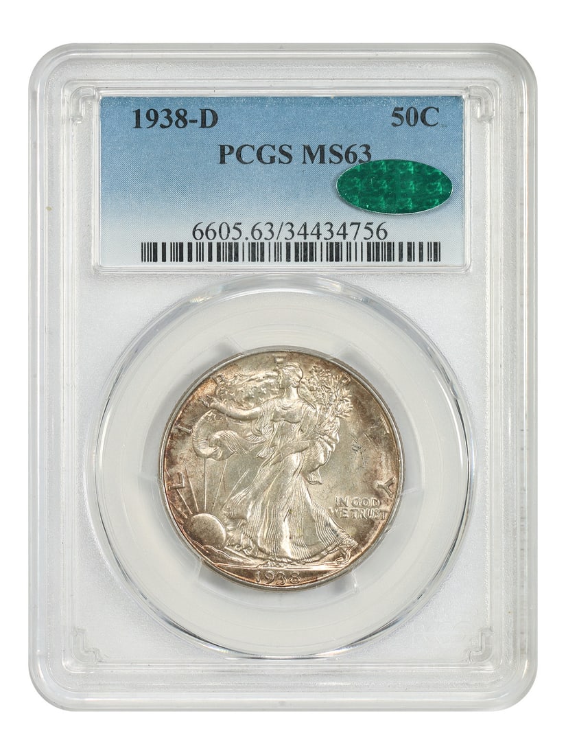 1938-D Walking Liberty Half Dollar PCGS CAC MS63 Low Mintage Denver: 1938-D Walking Liberty Half Dollar PCGS CAC MS63 Low Mintage Denver This 1938-D Walking Liberty Half Dollar is graded MS63 by PCGS and certified by CAC. It is an uncirculated coin from the Denver Mint