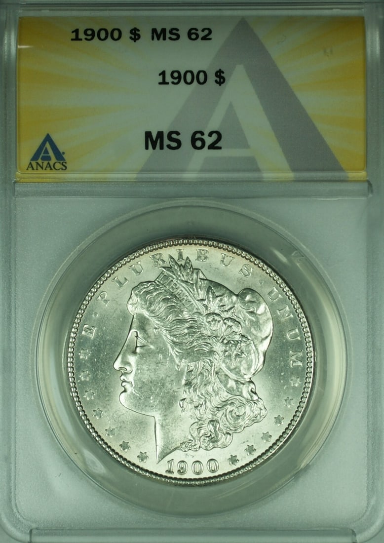 ANACS MS62 1900 Silver Morgan Dollar Coin from Philadelphia Mint: ANACS MS62 1900 Silver Morgan Dollar Coin from Philadelphia Mint This 1900 Morgan Silver Dollar $1 coin is certified by ANACS with a grade of MS 62. Struck at the Philadelphia Mint, it is composed of 