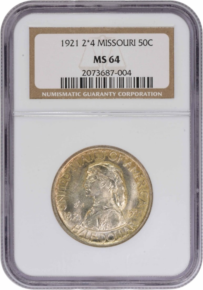 1921 Missouri Commemorative Half Dollar Silver MS64 NGC Certified: 1921 Missouri Commemorative Half Dollar Silver MS64 NGC Certified This is a 1921 Missouri 2x4 Commemorative Silver Half Dollar, graded MS64 by NGC. The coin is uncirculated and features a silver compo