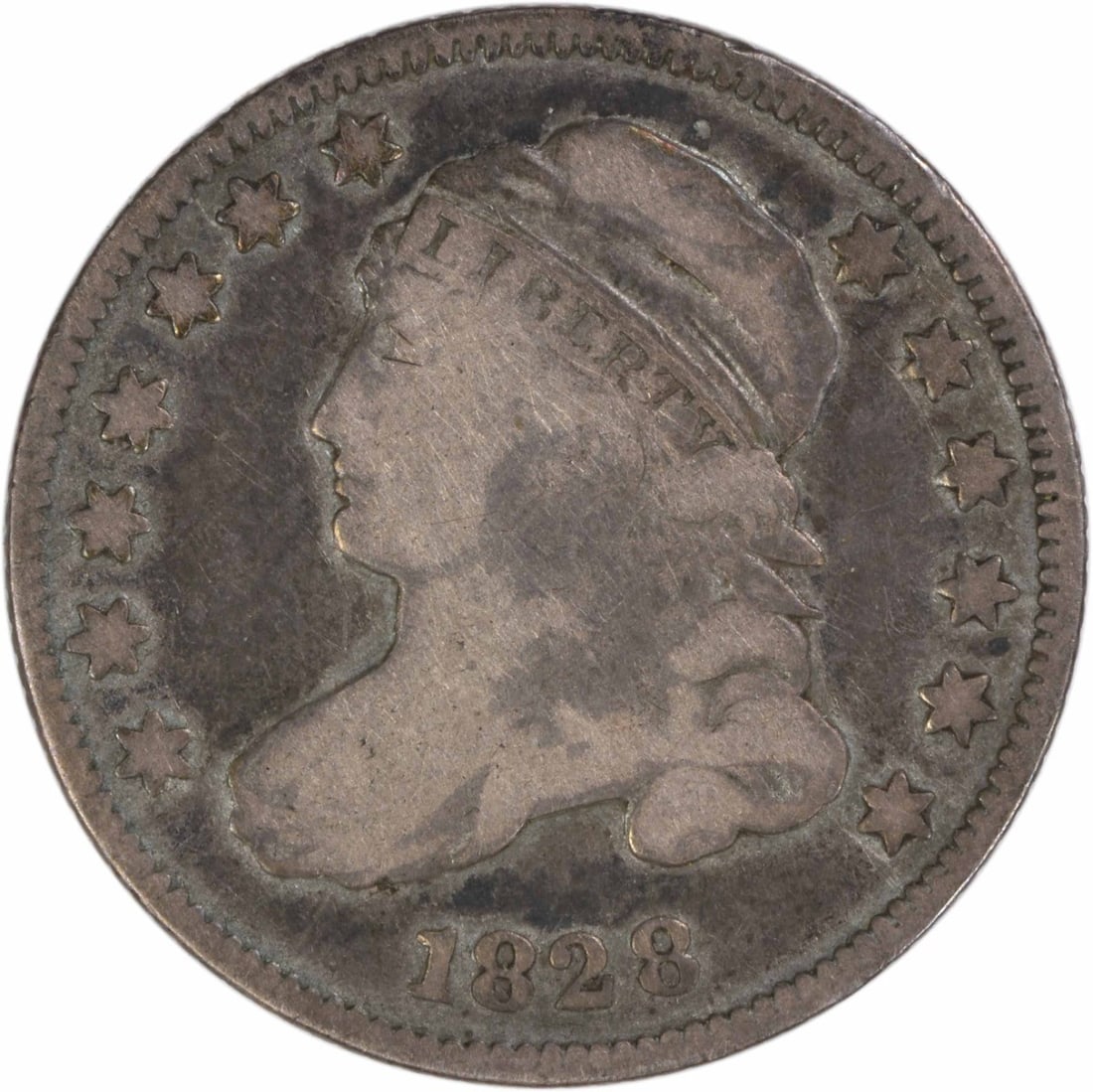 1828 Capped Bust Dime Small Date Philadelphia Uncertified VG Silver Coin: 1828 Capped Bust Dime Small Date Philadelphia Uncertified VG Silver Coin This 1828 Capped Bust silver dime features the small date variety and was struck in Philadelphia. Designed by John Reich, the c