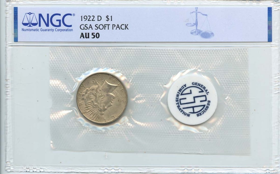 NGC AU50 1922 D Peace Dollar GSA Soft Pack Silver Coin: NGC AU50 1922 D Peace Dollar GSA Soft Pack Silver Coin This 1922 D Peace Dollar is certified by NGC with a grade of AU50, indicating it is in About Uncirculated condition. This circulated coin origina