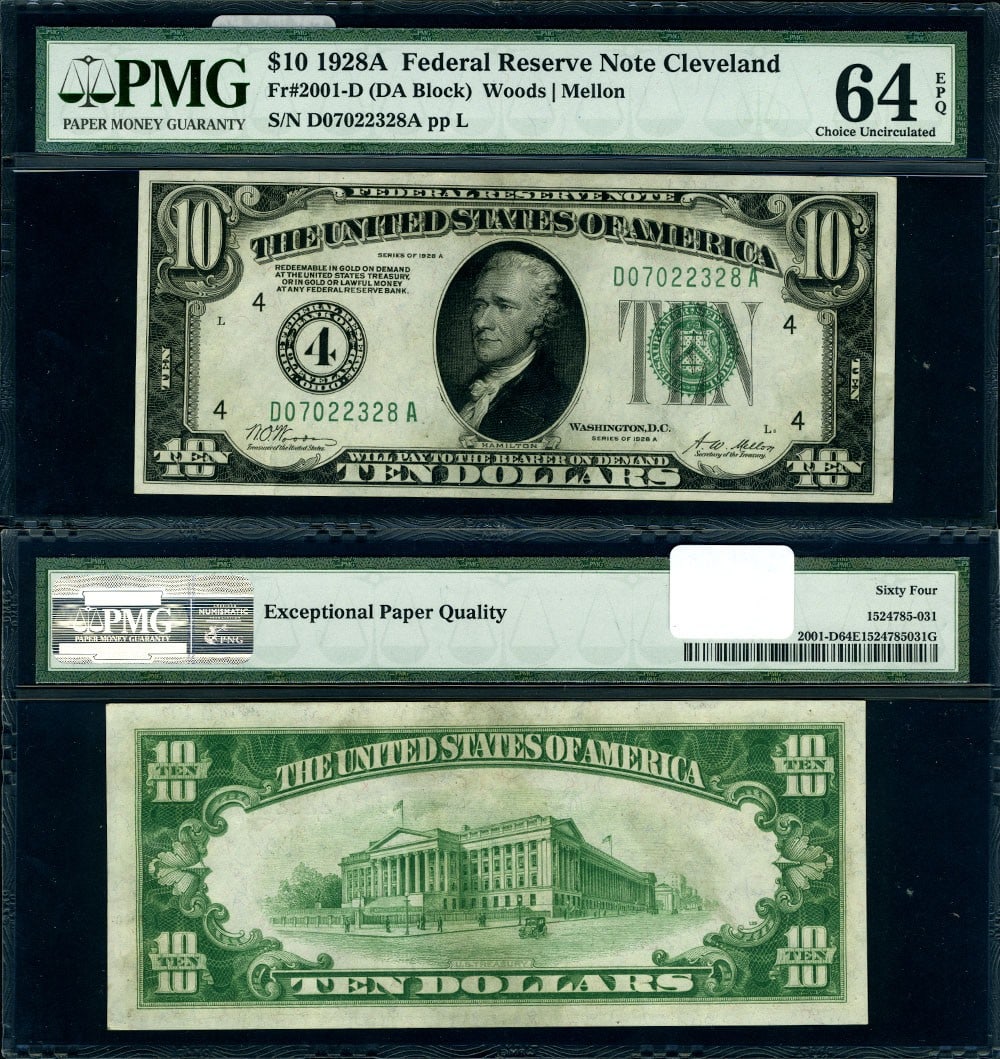 1928-A $10 Federal Reserve Note Cleveland PMG CU64 EPQ: 1928-A $10 Federal Reserve Note Cleveland PMG CU64 EPQ This 1928-A Federal Reserve Note features a denomination of $10 and originates from the Cleveland D-A Block. It is graded as Choice CU64 EPQ by P
